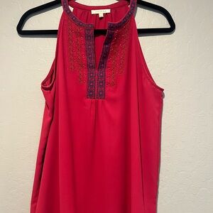 Skies Are Blue Red Halter Top with Navy Embroidery